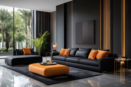 Luxurious living room with black sofa, orange cushions, and modern decor, showcasing contemporary interior designの素材