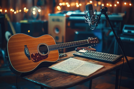 Professional recording studio setup featuring acoustic guitar, microphone, music sheet, and mixing console, ready for a musician or band to create musicの素材