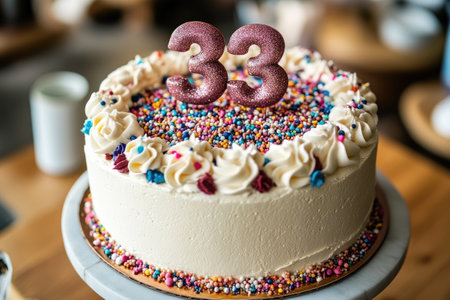 White frosted cake decorated with colorful sprinkles and number 33 candles, celebrating a thirty third birthday or anniversaryの素材