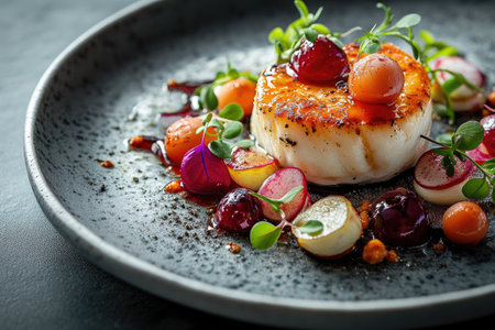 Seared scallops served with colorful radishes, cranberries, and fresh microgreens, creating a visually appealing and delicious culinary experienceの素材
