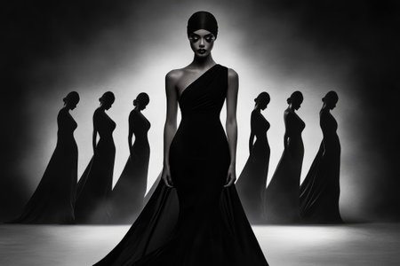 Studio portrait of a fashion model wearing an elegant black dress, posing against a backdrop of shadowy female figures, creating a dramatic and stylish atmosphereの素材