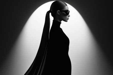 Stylish woman wearing sunglasses and elegant dress with flowing fabric, posing in a dramatic spotlightの素材