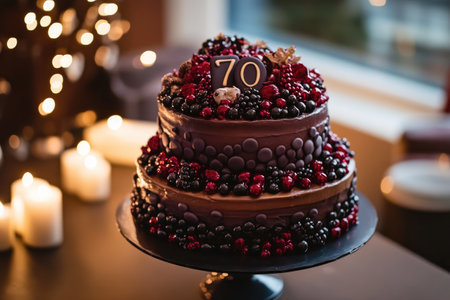 Two tiered chocolate cake decorated with forest fruits, celebrating a 70th birthday in a warm atmosphere with candles and bokeh effectの素材