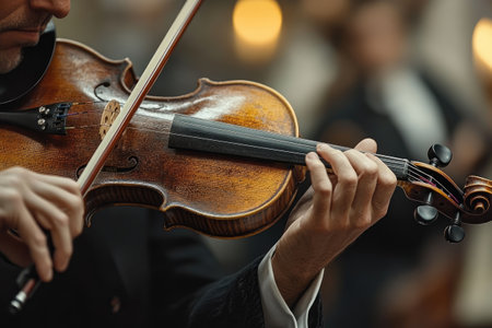 Close up of a musician playing the violin during a classical music concert, creating beautiful melodiesの素材