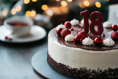 Chocolate frosted cake decorated with red ornaments, whipped cream and the number 18, celebrating a birthday or anniversary during the Christmas seasonの素材