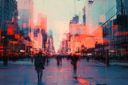 People walking on a busy city street are distorted by a digital glitch effect, creating an abstract urban sceneの素材