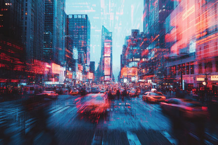 Traffic flowing through times square at night with a futuristic data stream overlayの素材