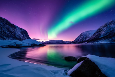 Breathtaking northern lights dancing over a serene winter landscape with snow-covered mountains and a tranquil fjordの素材
