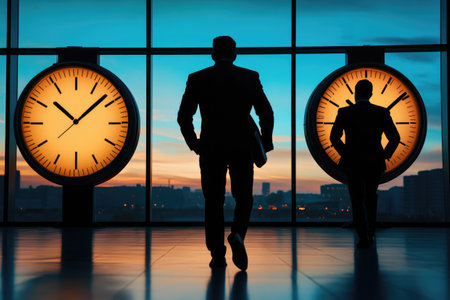 Two businessmen walking towards big clocks in modern office with city skyline view at sunsetの素材