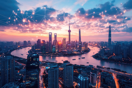 Network of connections over Shanghai skyline at dusk, symbolizing the concept of a futuristic smart cityの素材