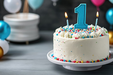 Celebrating a first birthday with a beautifully decorated cake, adorned with colorful sprinkles and a number one candleの素材
