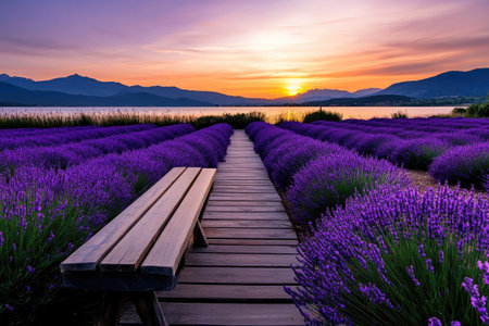 Scenic view of a wooden path amid rows of vibrant lavender flowers at sunset, creating a picturesque landscapeの素材