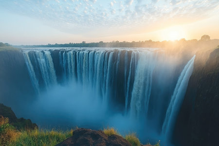 Victoria falls cascading down during a golden hour sunrise, creating mist and a beautiful landscapeの素材