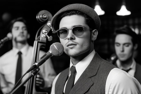 Male jazz singer singing into microphone with band in background, wearing retro style clothing and sunglassesの素材