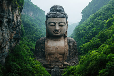 Majestic Buddha statue sits serenely amidst a vibrant green valley, inspiring peace and tranquilityの素材