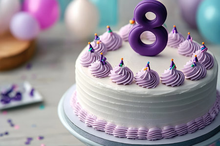 White frosted cake with purple decorations and party hats celebrates an eighth birthdayの素材