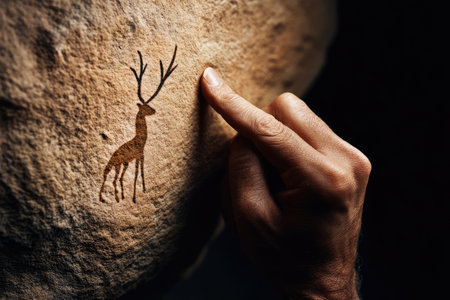 Archaeologist's hand pointing at a cave painting of a deer, revealing insights into prehistoric art and ancient culturesの素材