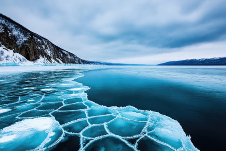 Scenic view of beautiful turquoise ice floes covering lake Baikal surface with snow capped mountains on background during winter seasonの素材