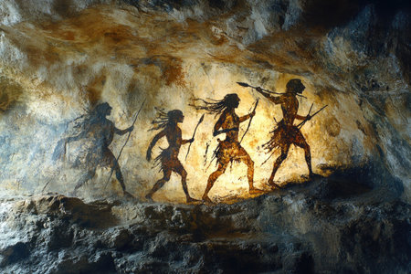 Hunters walking with spears depicted in ocher colors on a cave wall, showcasing prehistoric art and human historyの素材