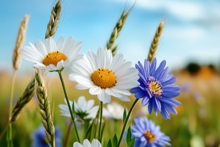 Beautiful white daisies and blue cornflowers are growing in a field of wheat under a blue skyの素材
