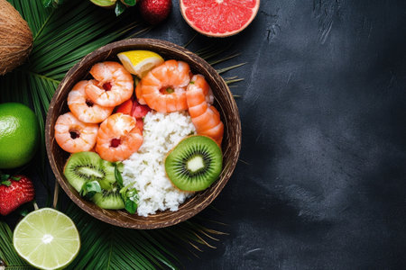 Delicious poke bowl with shrimps, rice, kiwi, grapefruit, strawberries, lime and coconut on dark background with palm leafの素材