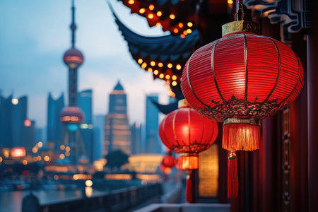 Traditional red lanterns hanging in front of blurred shanghai cityscape at duskの素材