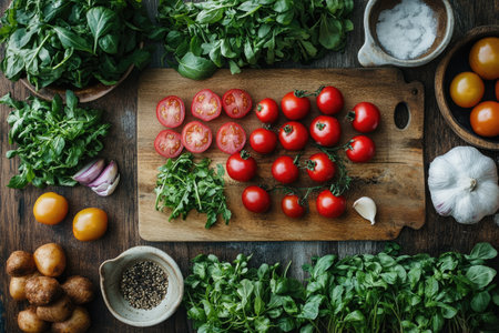 Cherry tomatoes, herbs, spices and other vegetables are arranged on a wooden table, creating a vibrant scene of culinary preparationの素材