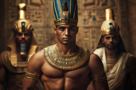 Majestic pharaoh stands proudly in a decorated temple, flanked by members of his court, showcasing the splendor and power of ancient Egyptの素材