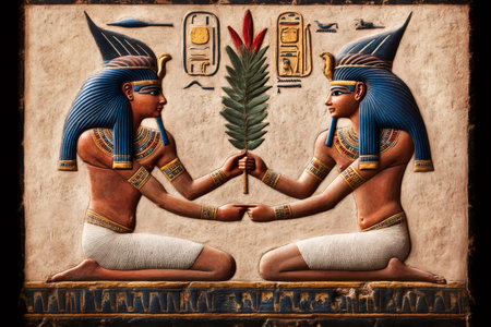 Ancient Egyptian pharaohs depicted on a carved stone bas relief holding a plant, showcasing the art and culture of ancient Egyptの素材