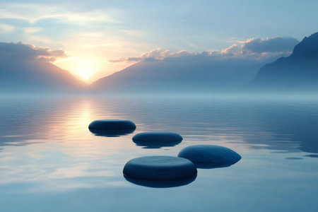 Smooth stepping stones lead across calm lake water towards misty sunrise over mountainsの素材