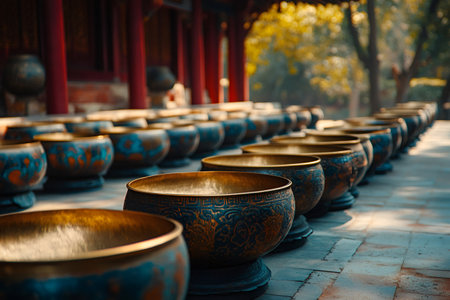 Traditional offering bowls arranged in a serene temple courtyard, evoking a sense of peace and reverenceの素材