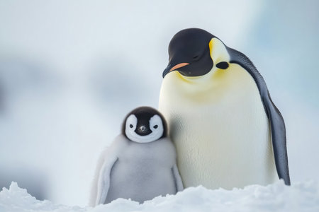 Emperor penguin parent stands guard over its fluffy chick in the snowy expanse of Antarcticaの素材