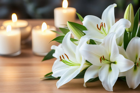 White lilies and burning candles create a serene atmosphere, perfect for moments of reflection and remembranceの素材