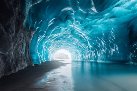 Scenic view of a glacial cave with turquoise ice walls and a black sand beach leading to a bright openingの素材