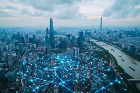 Futuristic network connecting guangzhou city skyline at dusk, showing the concept of smart city and internet of thingsの素材