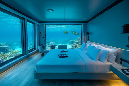 Luxurious underwater hotel room offering a breathtaking view of vibrant coral reefs and marine lifeの素材