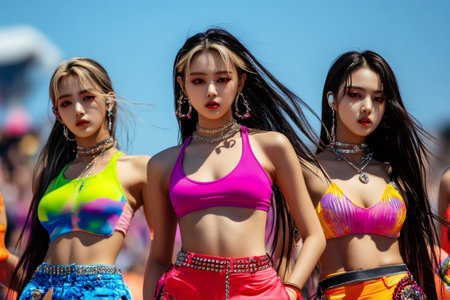 K pop group newjeans entertaining crowd with energetic performance on stageの素材