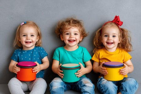 Three happy children holding colorful toy drums, smiling and playing music together in their homeの素材