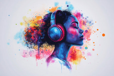 Profile of a young woman listening to music with wireless headphones, immersed in a vibrant and colorful watercolor style paintingの素材