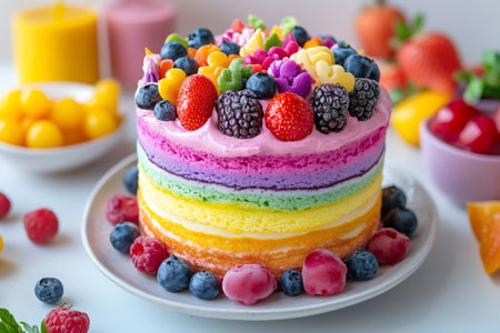 Delicious rainbow crepe cake is decorated with various fresh and frozen berries, gummy candy and pink icingの素材