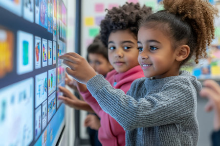 Group of diverse elementary school students learning on a modern interactive whiteboard in their classroomの素材