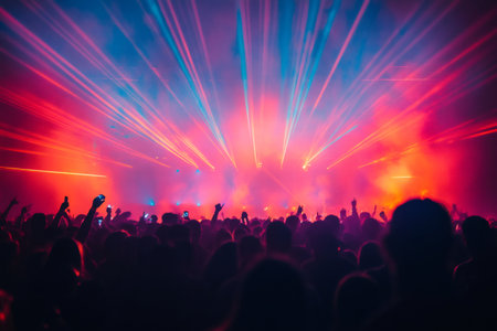 Fans are enjoying a live music concert with colorful stage lights and lasersの素材