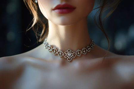 Close up of elegant bride wearing beautiful diamond necklace, preparing for wedding ceremonyの素材