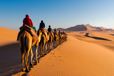 Tourists enjoying a camel caravan at sunrise, traversing the vast desert landscape with majestic sand dunes and mountainsの素材