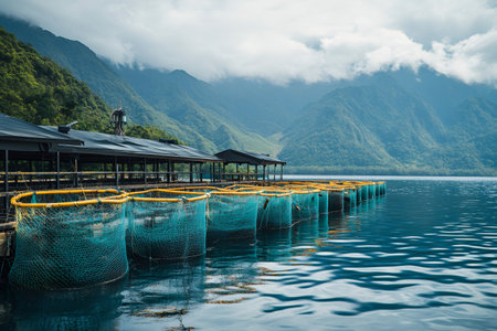 Fishing nets for aquaculture floating on a peaceful lake, surrounded by mountains and cloudsの素材