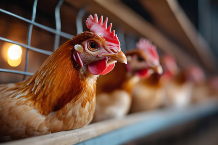 Brown hens are laying eggs in cages at a poultry farmの素材