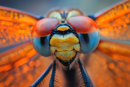 Macro photography captures intricate details of dragonfly head, revealing colorful compound eyes and delicate mouthpartsの素材