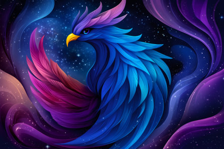 Colorful phoenix with vibrant plumage rising from cosmic dust and stars, a symbol of rebirth and renewalの素材