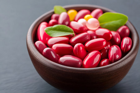 Close up of colorful pills and green leaves in a wooden bowl, promoting health and wellnessの素材