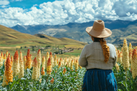 Woman farmer standing in a quinoa field in the Andes mountains of Peruの素材